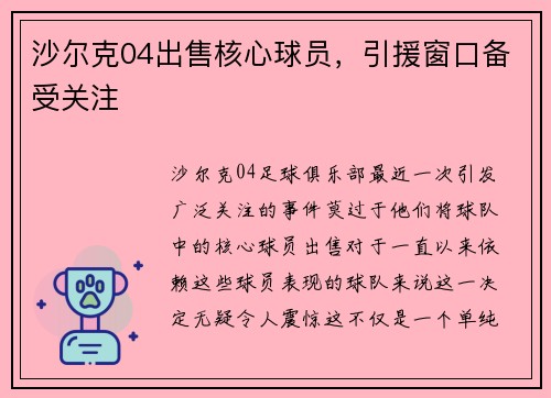 沙尔克04出售核心球员，引援窗口备受关注