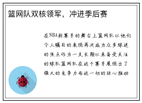 篮网队双核领军，冲进季后赛