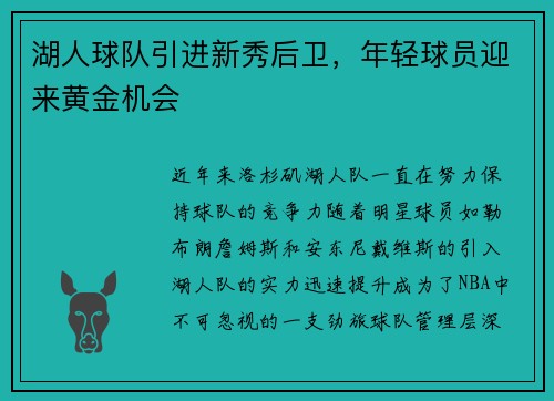 湖人球队引进新秀后卫，年轻球员迎来黄金机会