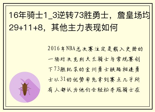 16年骑士1_3逆转73胜勇士，詹皇场均29+11+8，其他主力表现如何