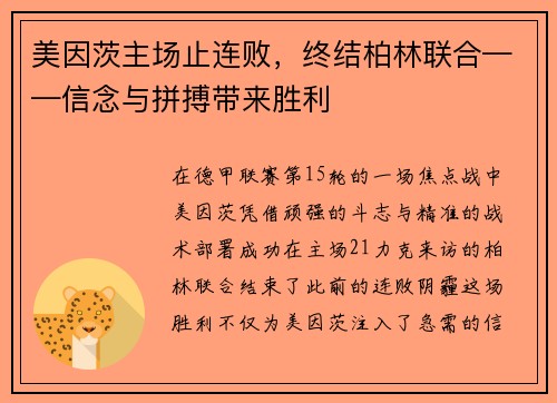 美因茨主场止连败，终结柏林联合——信念与拼搏带来胜利