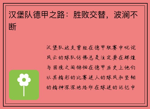 汉堡队德甲之路：胜败交替，波澜不断