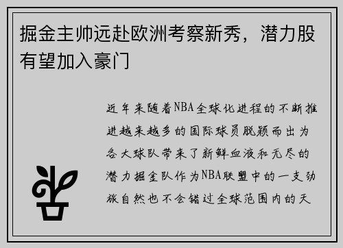 掘金主帅远赴欧洲考察新秀，潜力股有望加入豪门