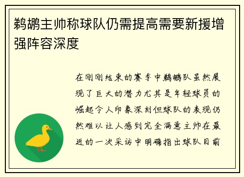 鹈鹕主帅称球队仍需提高需要新援增强阵容深度