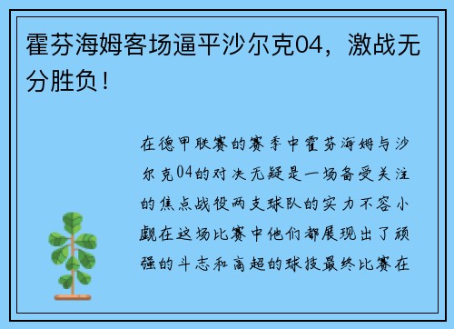 霍芬海姆客场逼平沙尔克04，激战无分胜负！