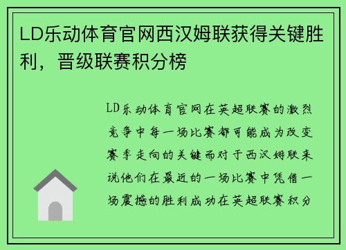 LD乐动体育官网西汉姆联获得关键胜利，晋级联赛积分榜