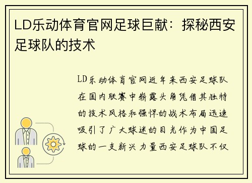 LD乐动体育官网足球巨献：探秘西安足球队的技术